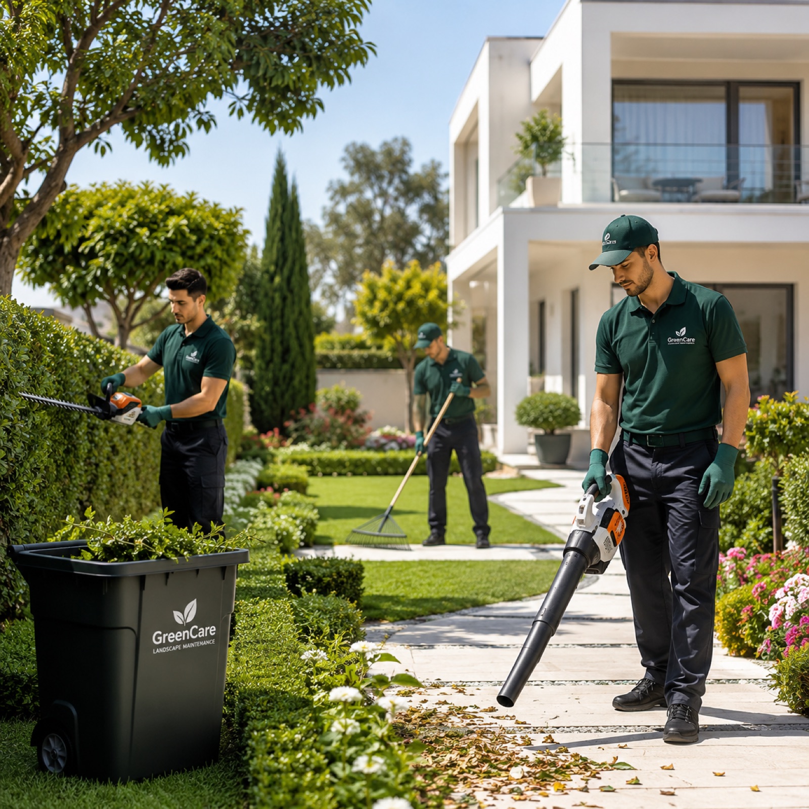 Garden team clearing leaves and trimming hedges outside a house